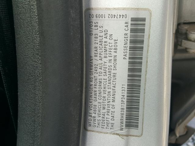 WVWRH63B13P341371 - 2003 VOLKSWAGEN PASSAT GLX SILVER photo 10