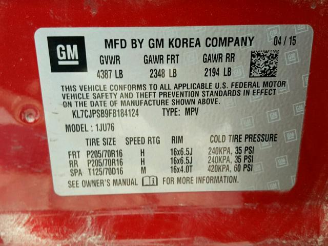 KL7CJPSB9FB184124 - 2015 CHEVROLET TRAX 1LS RED photo 10