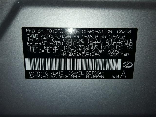 JTHBJ46G482261485 - 2008 LEXUS ES 350 SILVER photo 10