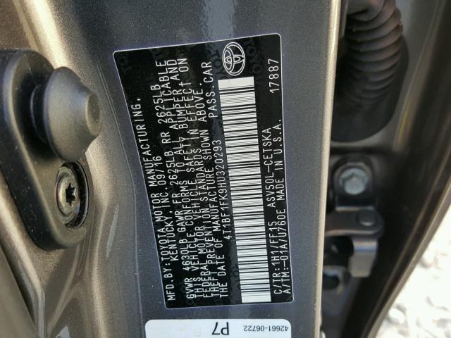 4T1BF1FK9HU320293 - 2017 TOYOTA CAMRY LE ნაცრისფერი ფოტო 10