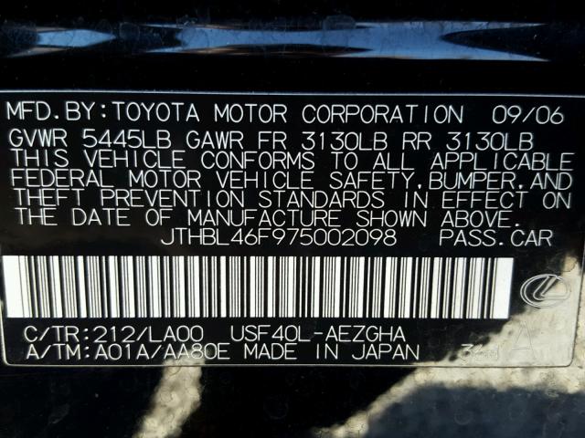 JTHBL46F975002098 - 2007 LEXUS LS 460 BLACK photo 10