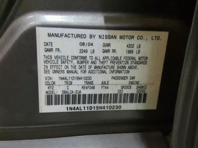 1N4AL11D15N410230 - 2005 NISSAN ALTIMA S GOLD photo 10