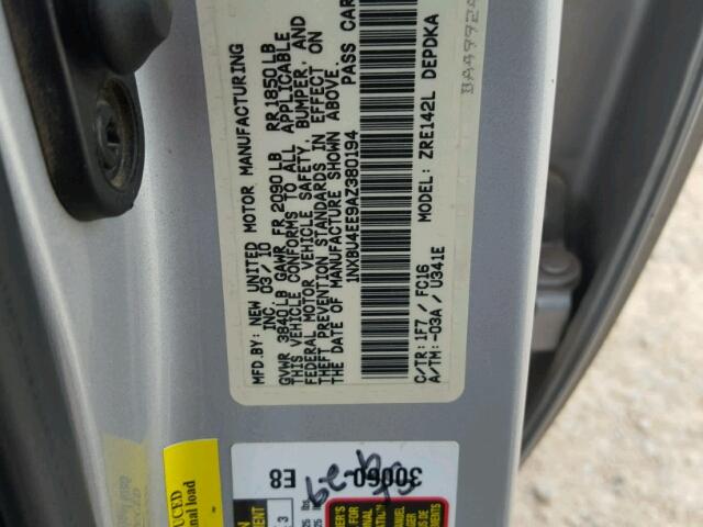 1NXBU4EE9AZ380194 - 2010 TOYOTA COROLLA BA SILVER photo 10