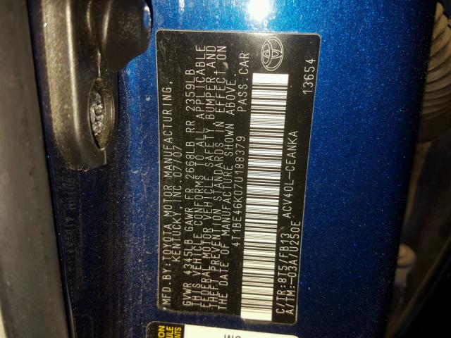 4T1BE46K07U188379 - 2007 TOYOTA CAMRY NEW BLUE photo 10