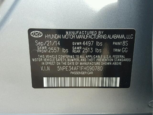 5NPE34AF1FH090780 - 2015 HYUNDAI SONATA SPO GRAY photo 10