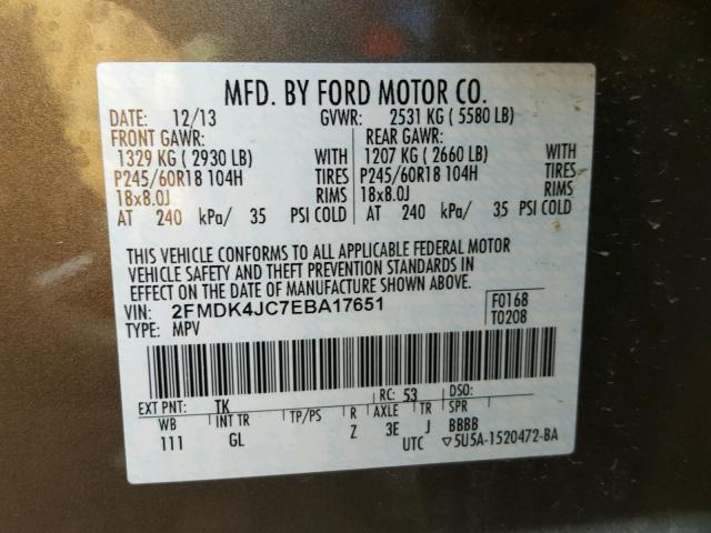 2FMDK4JC7EBA17651 - 2014 FORD EDGE SEL GRAY photo 10