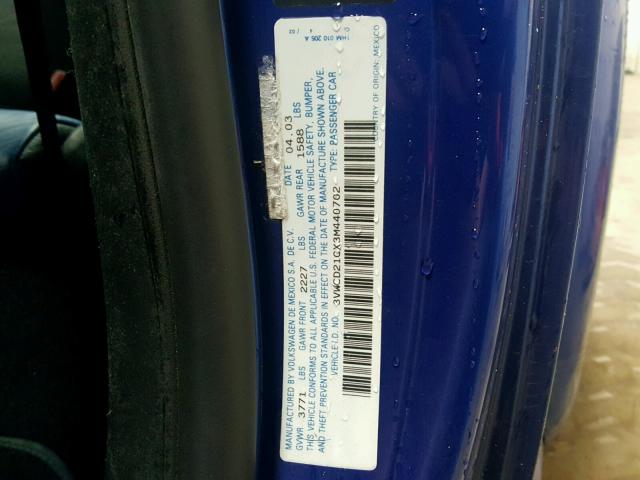 3VWCD21CX3M440702 - 2003 VOLKSWAGEN NEW BEETLE 蓝色 照片 10