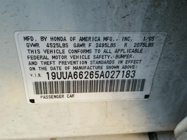 19UUA66265A027183 - 2005 ACURA TL WHITE photo 10