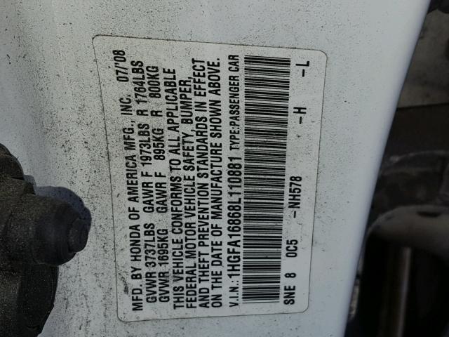 1HGFA16868L110881 - 2008 HONDA CIVIC EX 白色 照片 10