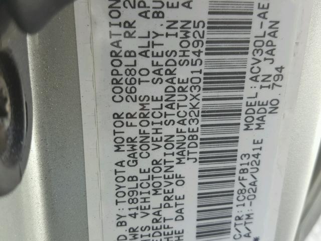 JTDBE32KX30154925 - 2003 TOYOTA CAMRY LE ვერცხლისფერი ფოტო 10