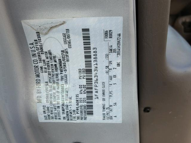 1FAFP36343W138883 - 2003 FORD FOCUS SE SILVER photo 10