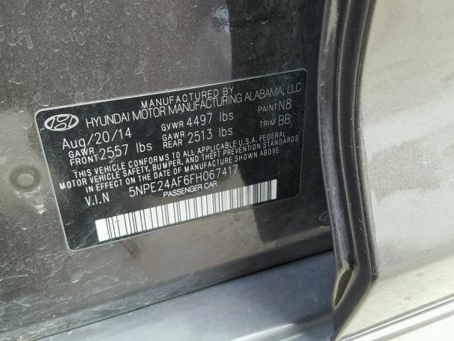 5NPE24AF6FH067417 - 2015 HYUNDAI SONATA SE CHARCOAL photo 10