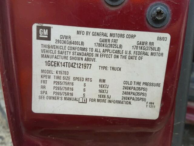 1GCEK14T04Z121977 - 2004 CHEVROLET SILVERADO MAROON photo 10