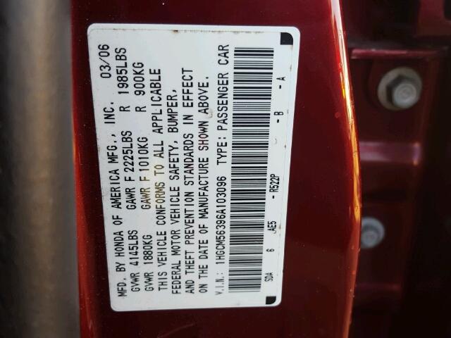 1HGCM56396A103096 - 2006 HONDA ACCORD SE RED photo 10