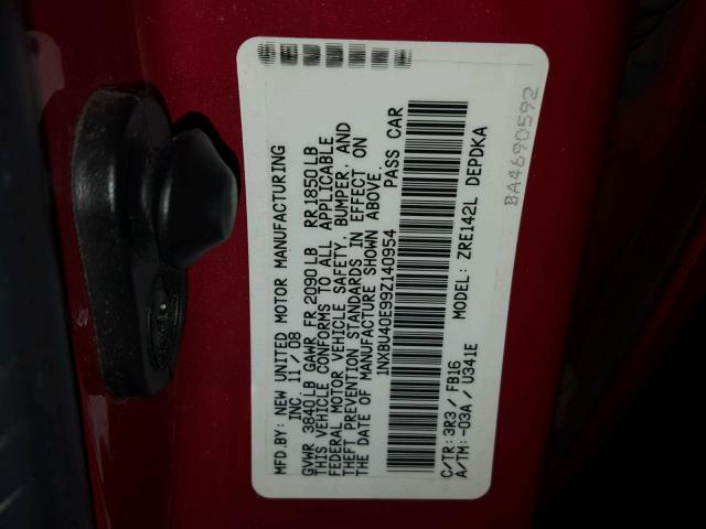 1NXBU40E99Z140954 - 2009 TOYOTA COROLLA BA RED photo 10