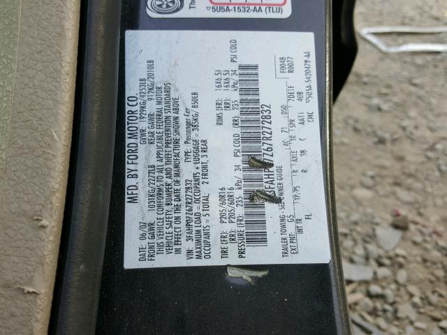 3FAHP07Z67R272832 - 2007 FORD FUSION SE CHARCOAL photo 10