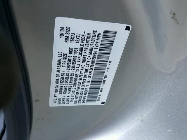 5FNRL38765B020294 - 2005 HONDA ODYSSEY EX GRAY photo 10