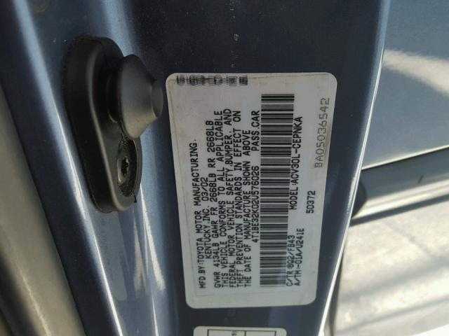 4T1BE32K02U576026 - 2002 TOYOTA CAMRY LE BLUE photo 10