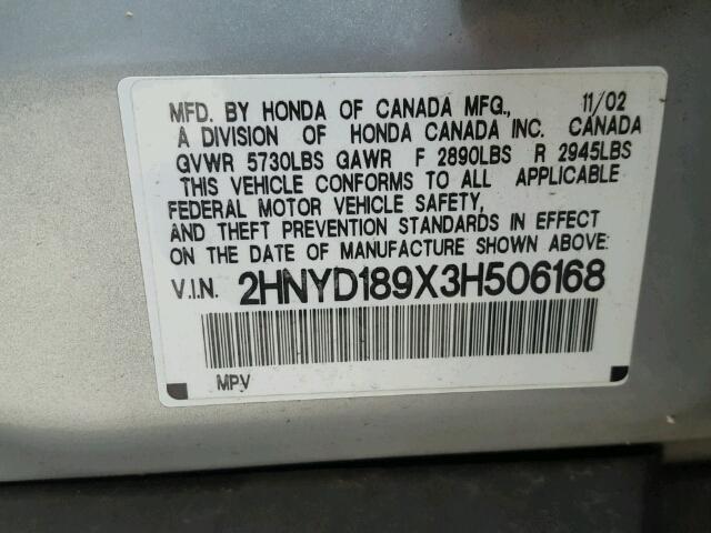 2HNYD189X3H506168 - 2003 ACURA MDX TOURIN SILVER photo 10