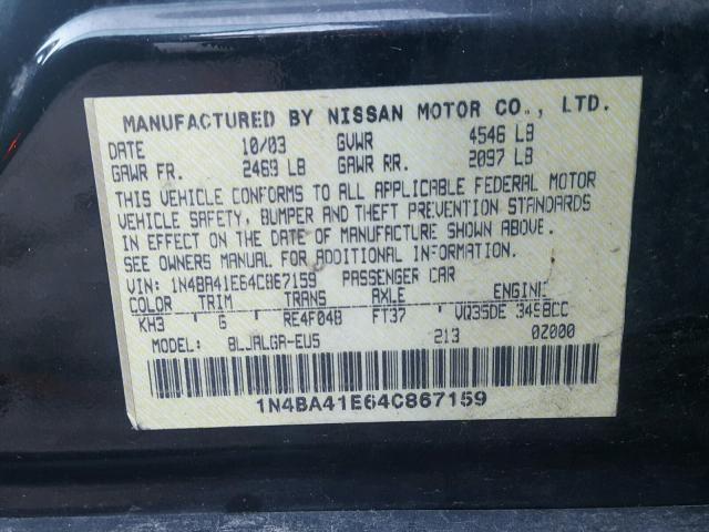 1N4BA41E64C867159 - 2004 NISSAN MAXIMA SE BLACK photo 10