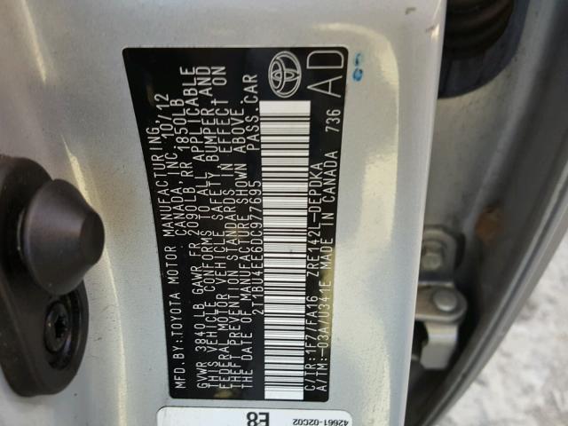 2T1BU4EE6DC977695 - 2013 TOYOTA COROLLA BA SILVER photo 10