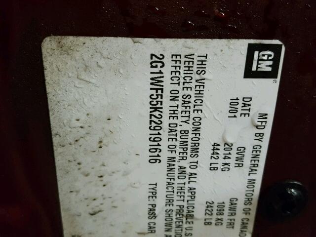 2G1WF55K229191616 - 2002 CHEVROLET IMPALA 栗色 照片 10