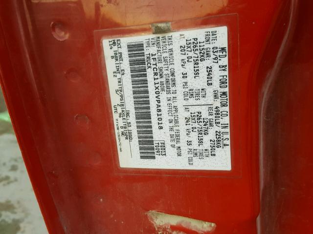 1FTCR11X0VPA81018 - 1997 FORD RANGER RED photo 10