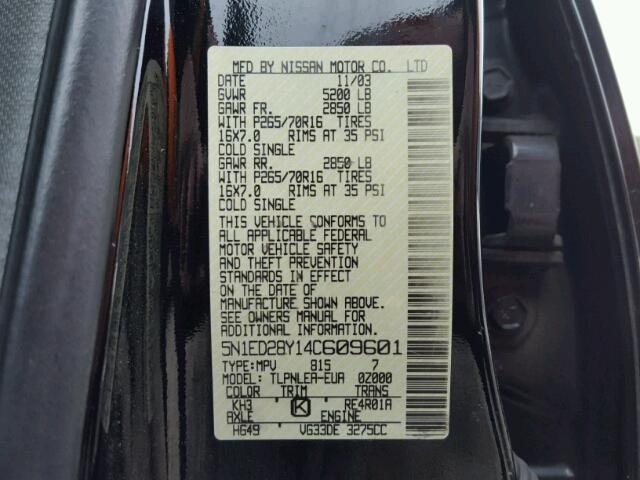 5N1ED28Y14C609601 - 2004 NISSAN XTERRA XE BLACK photo 10