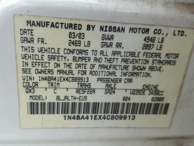 1N4BA41EX4C809913 - 2004 NISSAN MAXIMA SE WHITE photo 10