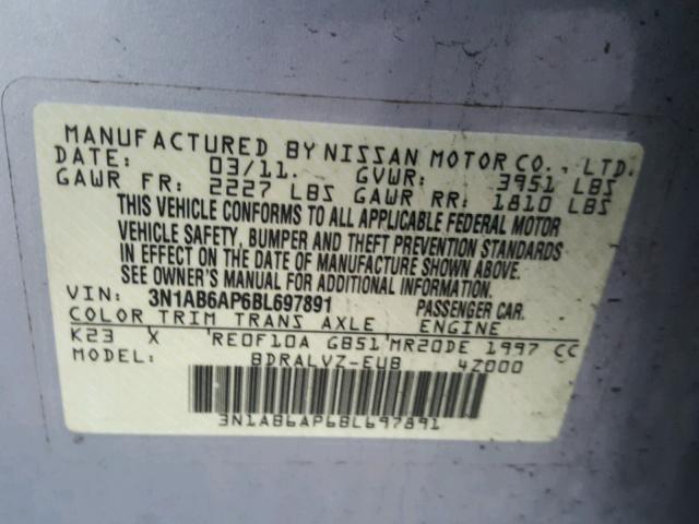 3N1AB6AP6BL697891 - 2011 NISSAN SENTRA 2.0 SILVER photo 10