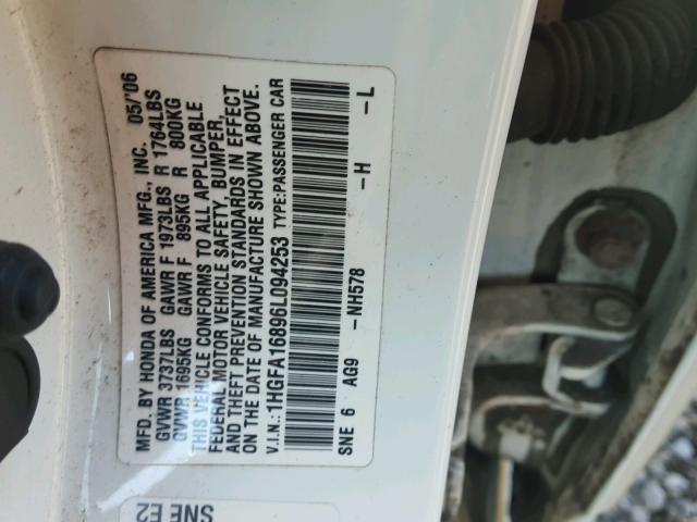 1HGFA16896L094253 - 2006 HONDA CIVIC EX WHITE photo 10