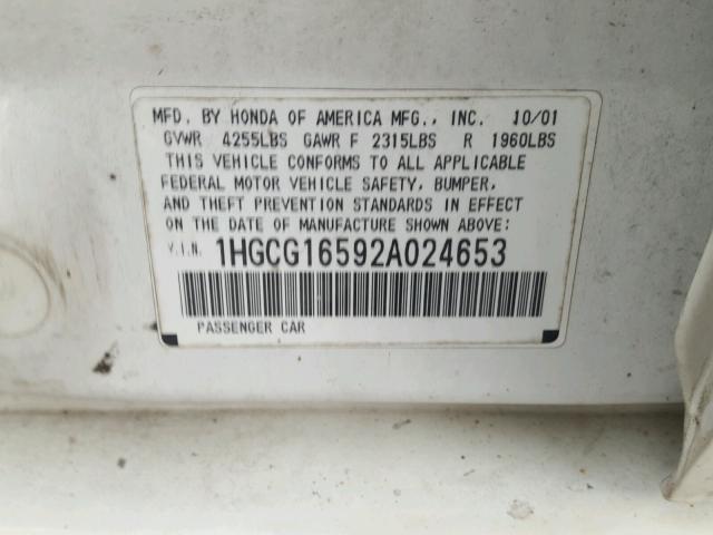 1HGCG16592A024653 - 2002 HONDA ACCORD EX WHITE photo 10