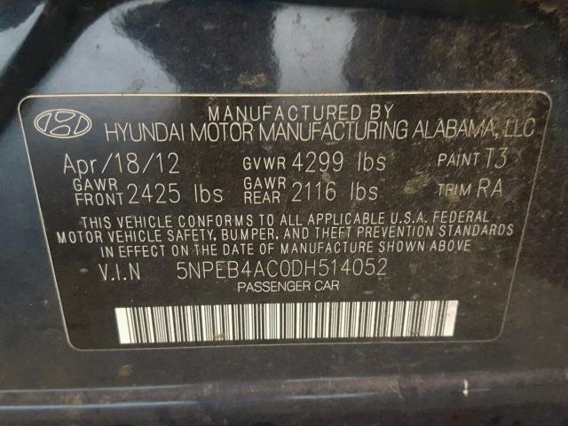 5NPEB4AC0DH514052 - 2013 HYUNDAI SONATA GLS BLUE photo 10