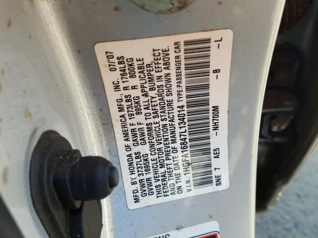 1HGFA16847L134014 - 2007 HONDA CIVIC EX SILVER photo 10