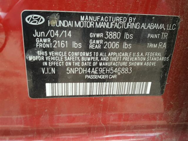 5NPDH4AE9EH546883 - 2014 HYUNDAI ELANTRA SE RED photo 10