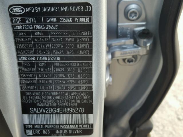 SALVV2BG4EH895278 - 2014 LAND ROVER RANGE ROVE SILVER photo 10