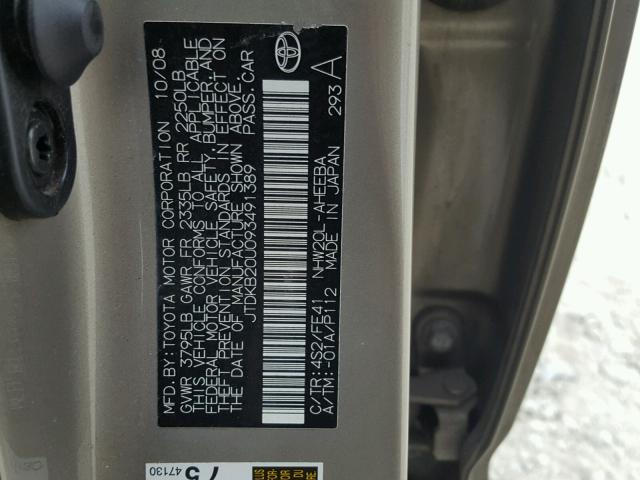 JTDKB20U093491389 - 2009 TOYOTA PRIUS GOLD photo 10