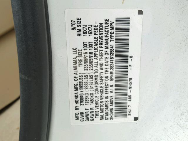 5FNRL38247B135841 - 2007 HONDA ODYSSEY LX WHITE photo 10