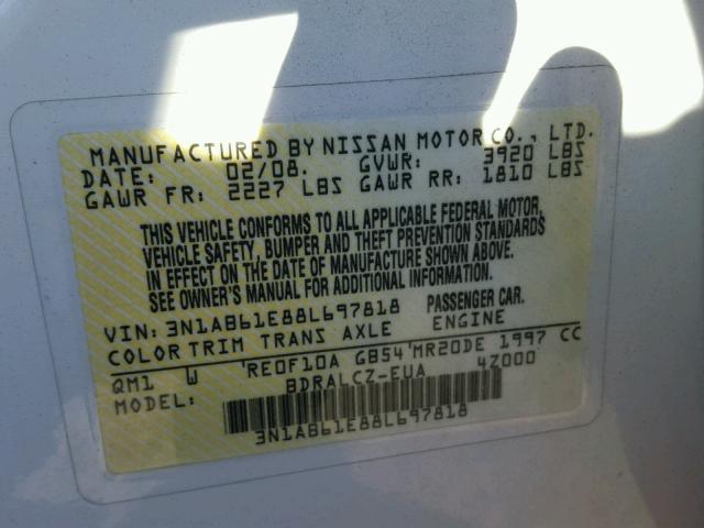 3N1AB61E88L697818 - 2008 NISSAN SENTRA 2.0 WHITE photo 10