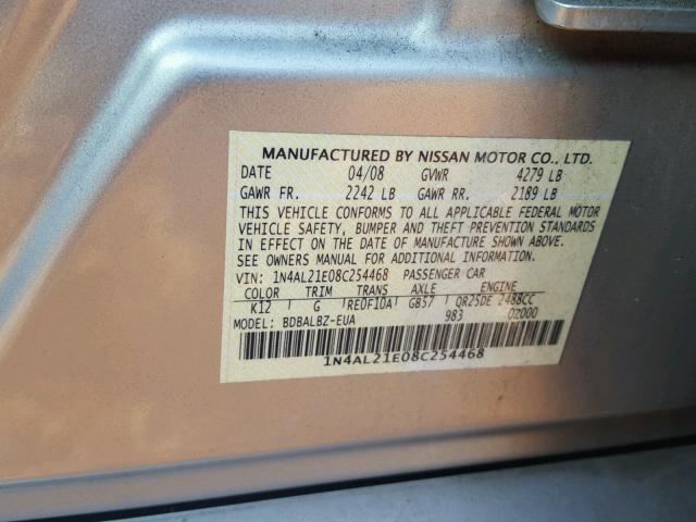 1N4AL21E08C254468 - 2008 NISSAN ALTIMA 2.5 SILVER photo 10