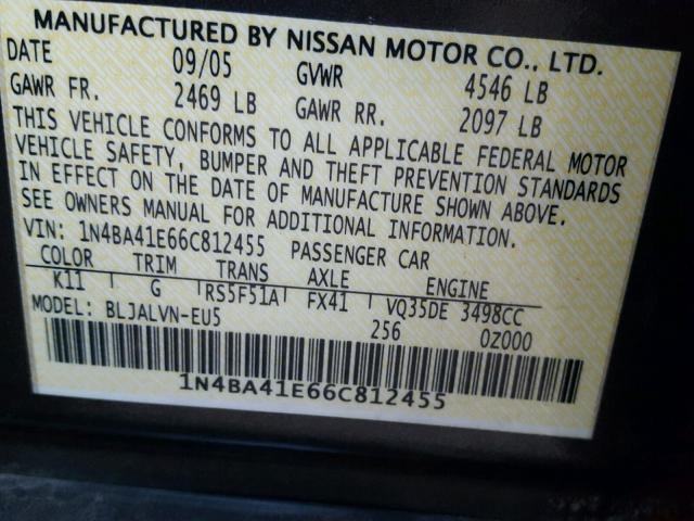 1N4BA41E66C812455 - 2006 NISSAN MAXIMA SE GRAY photo 10