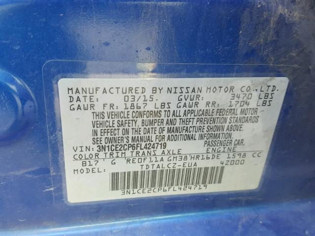 3N1CE2CP6FL424719 - 2015 NISSAN VERSA NOTE BLUE photo 10