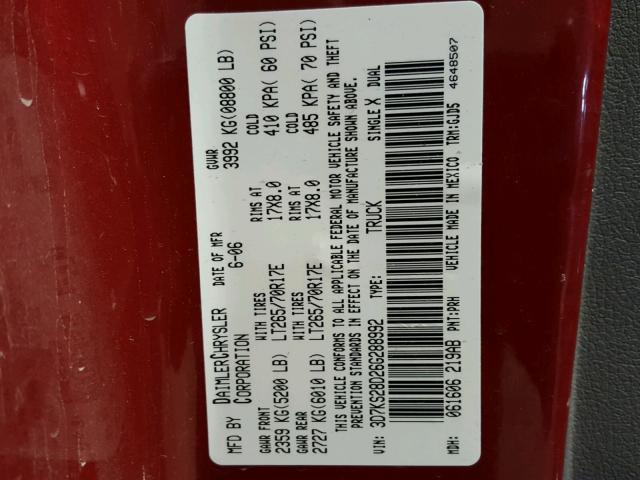 3D7KS28D26G288992 - 2006 DODGE RAM 2500 S BURGUNDY photo 10