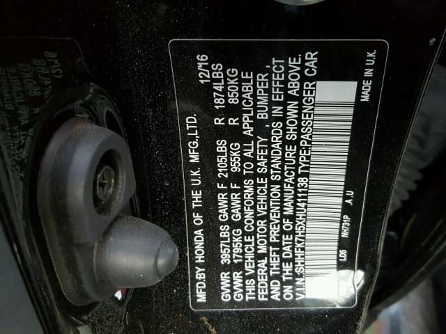 SHHFK7H5XHU411138 - 2017 HONDA CIVIC EX შავი ფოტო 10