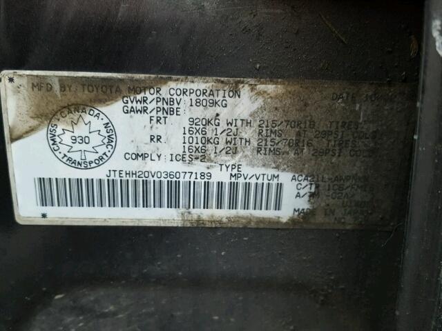 JTEHH20V036077189 - 2003 TOYOTA RAV4 CHARCOAL photo 10