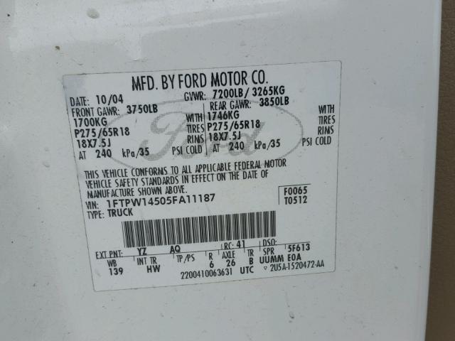 1FTPW14505FA11187 - 2005 FORD F150 SUPER WHITE photo 10