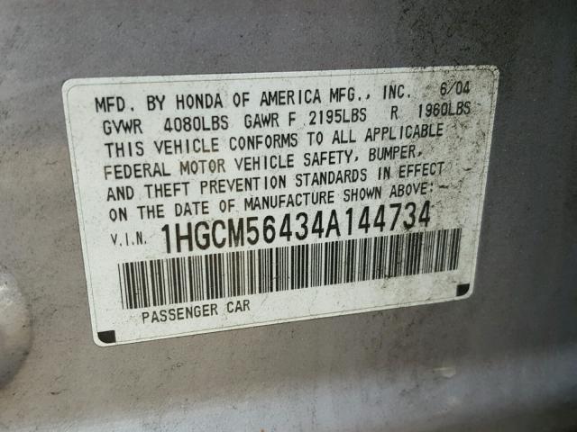 1HGCM56434A144734 - 2004 HONDA ACCORD LX SILVER photo 10