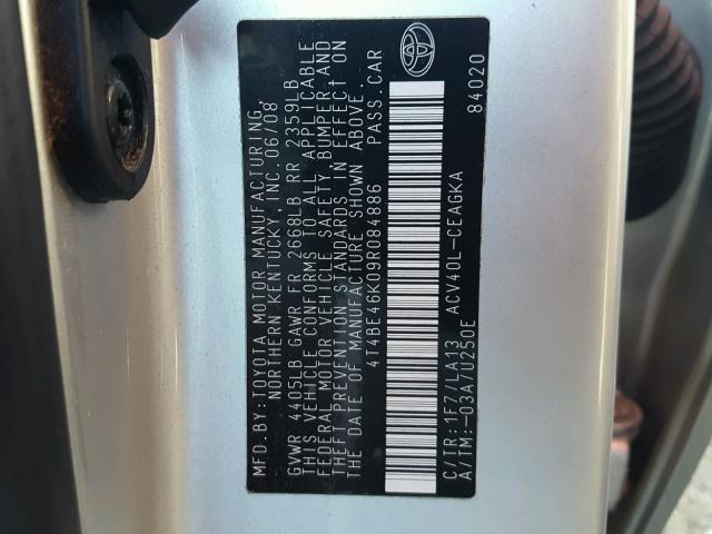 4T4BE46K09R084886 - 2009 TOYOTA CAMRY BASE SILVER photo 10