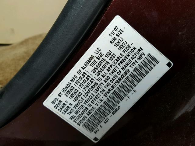 5FNRL38738B008382 - 2008 HONDA ODYSSEY EX BURGUNDY photo 10