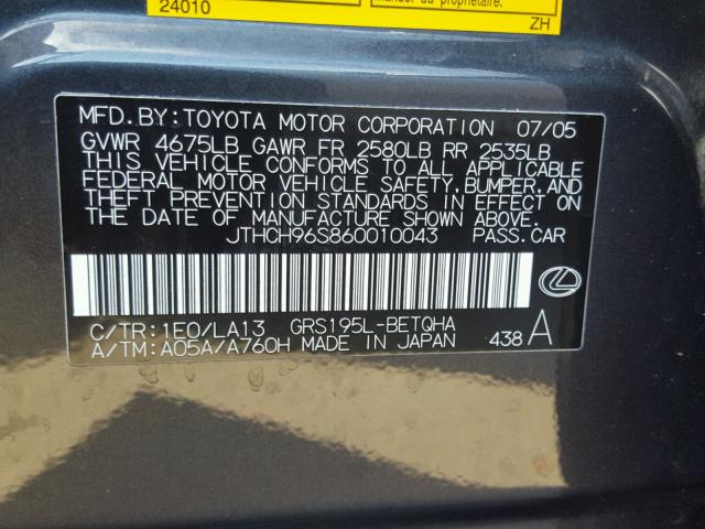 JTHCH96S860010043 - 2006 LEXUS GS GENERAT GRAY photo 10